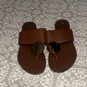 Tory Burch Patos Disc Brown Leather Sandals with Gold Accent